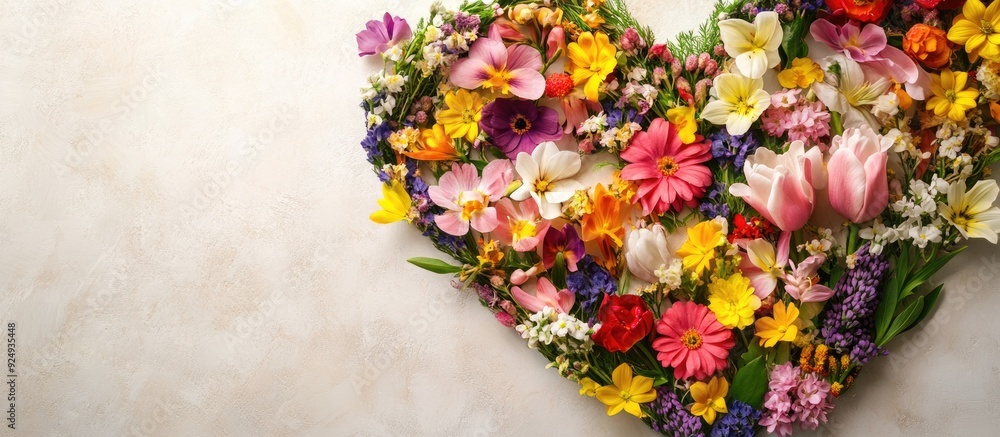 Fototapete Heart shape adorned with fresh spring flowers top view. with copy space image. Place for adding text or design