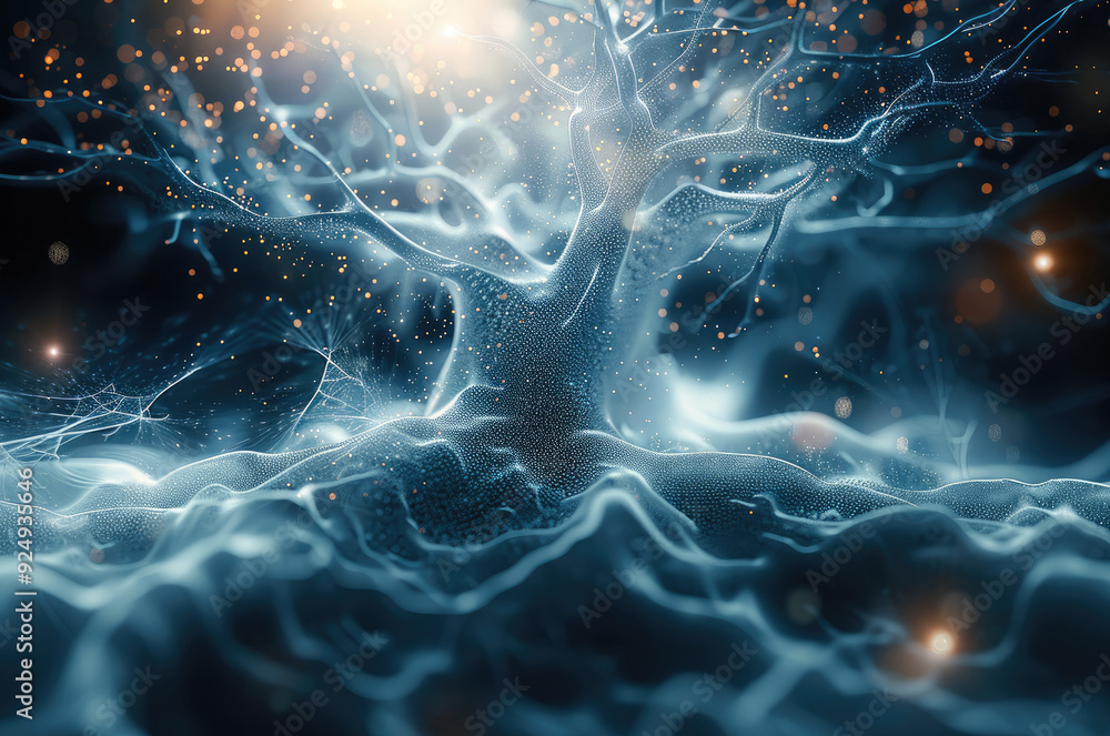 Poster sense of technology, particles, particle tree, sense of the future, pure background. generative ai.
