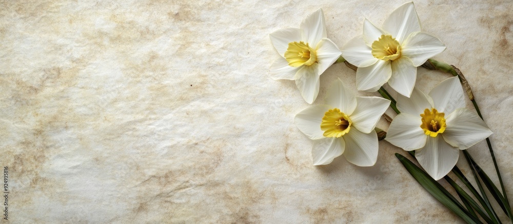 Aufkleber textured fashionable vintage paper background square featuring paperwhite Narcissus. with copy space image. Place for adding text or design