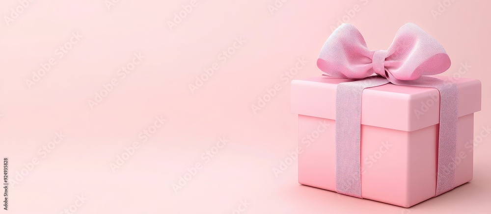 Aufkleber Pink gift box tied with a bow on a light background. with copy space image. Place for adding text or design