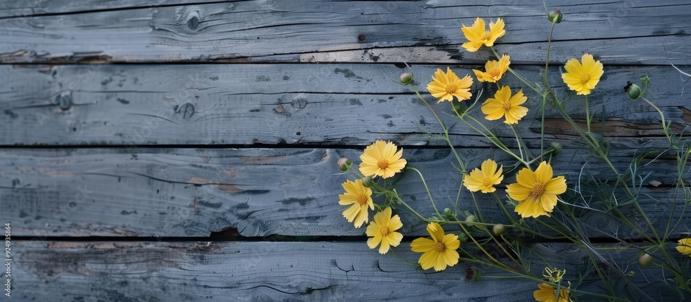 Aufkleber yellow flowers against a gray backdrop of weathered boards. with copy space image. place for adding 