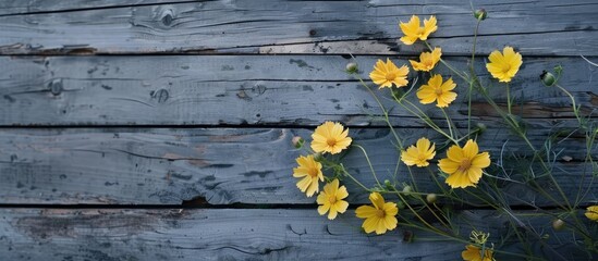 Obraz premium yellow flowers against a gray backdrop of weathered boards. with copy space image. Place for adding text or design