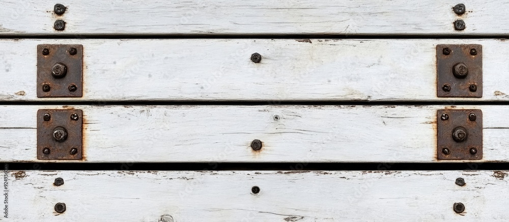 Poster White slat set with rusted screws has stains and cracks. with copy space image. Place for adding text or design