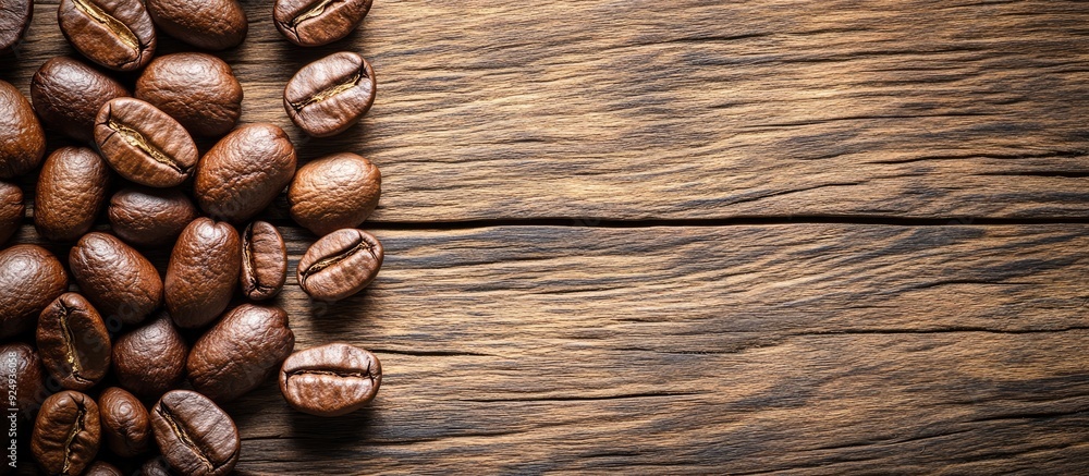 Poster roasted coffee beans arranged on a wooden table top view copyspace available for text