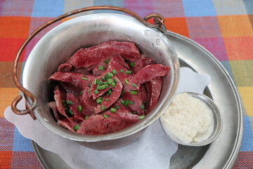 German cuisine: beef hearts with horseradish in Nuremberg, Germany