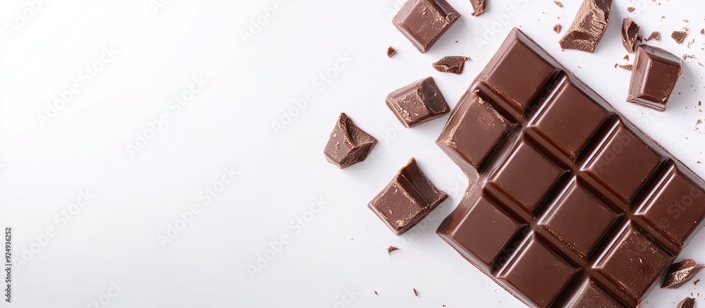 Poster delicious chocolate bar set against a white background. with copy space image. place for adding text