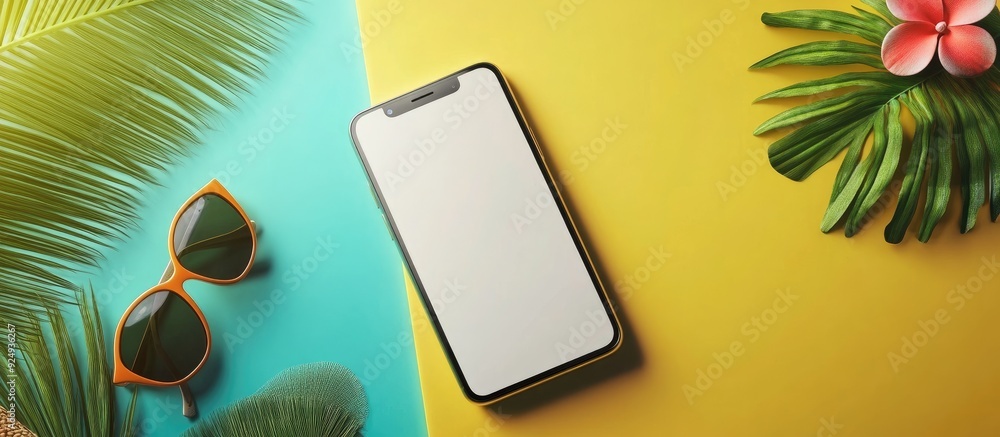 Aufkleber Smartphone mockup template featuring summer items Perspective view with copyspace for text