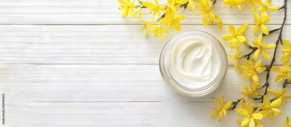 Leinwandbilder jar of moisturizer cream with yellow forsythia flowers on a white wooden background top view. with c