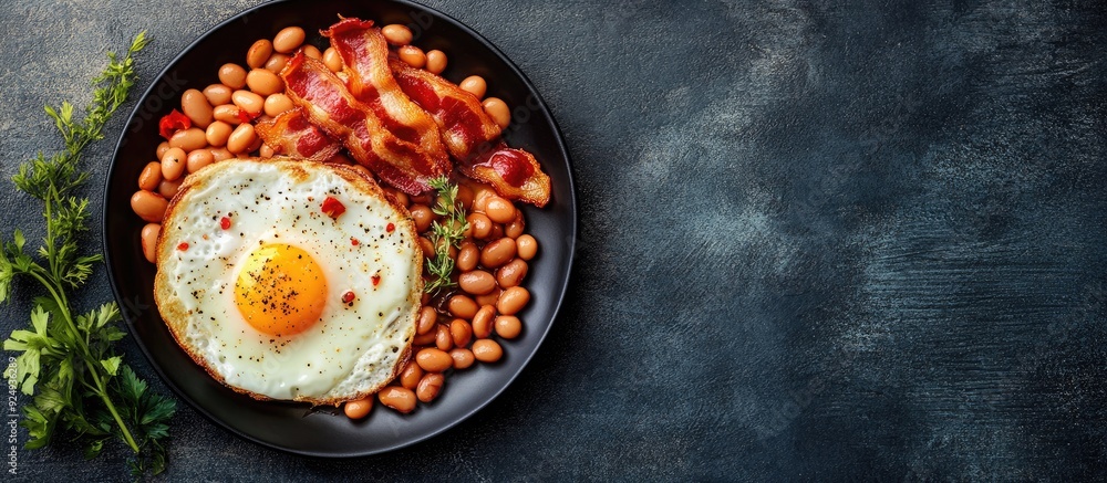 Aufkleber english breakfast featuring fried eggs beans bacon and sausages flat lay from above with copyspace