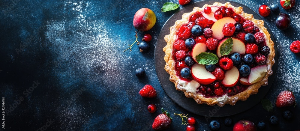 Aufkleber homemade pastry filled with berries and apple. with copy space image. place for adding text or desig