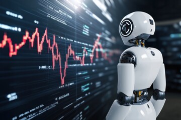 Fototapeta premium High-tech robot examining economic graphs on screen.