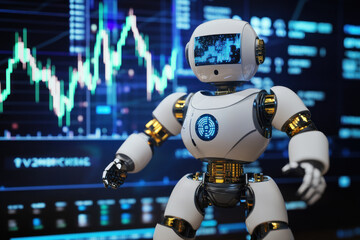 Mechanized humanoid in front of stock market screens