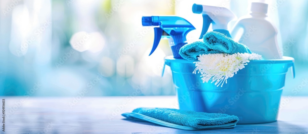 Poster Cleaning kit Spring cleaning On a white background. with copy space image. Place for adding text or design