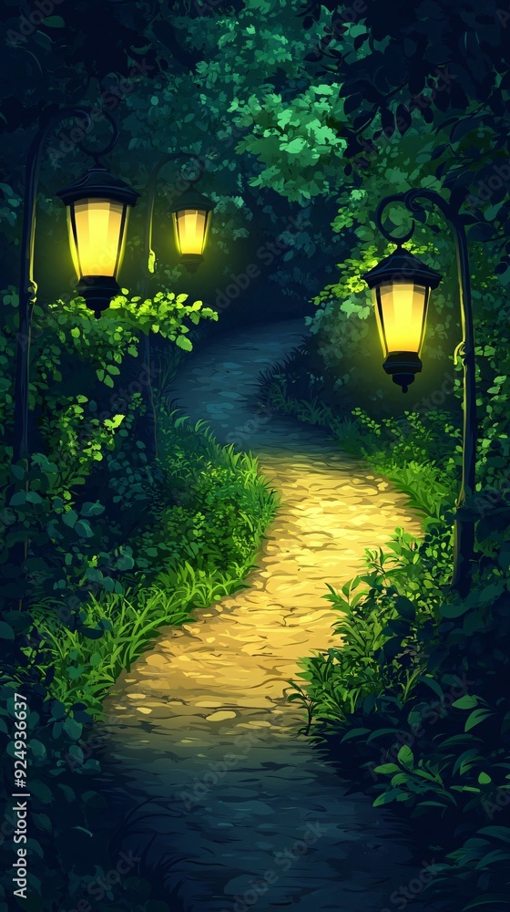 Poster a winding path through a dark forest lit by three glowing lanterns.
