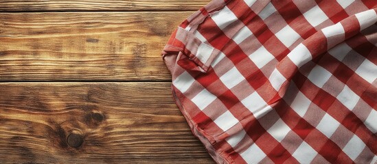 Obraz premium Checkered tablecloth on a wooden table top view Area for text. with copy space image. Place for adding text or design