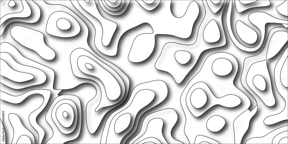 Aufkleber Abstract design with black and white abstract papercut and multi-layer cutout geometric pattern. Topographic contour lines vector map seamless pattern. Geographic mountain relief.