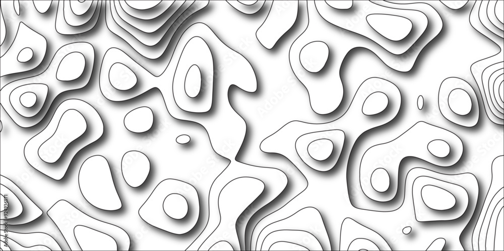 Aufkleber Abstract design with black and white abstract papercut and multi-layer cutout geometric pattern. Topographic contour lines vector map seamless pattern. Geographic mountain relief.