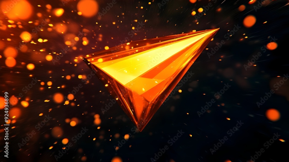 Poster dynamic triangular orange logo soaring through cosmic space