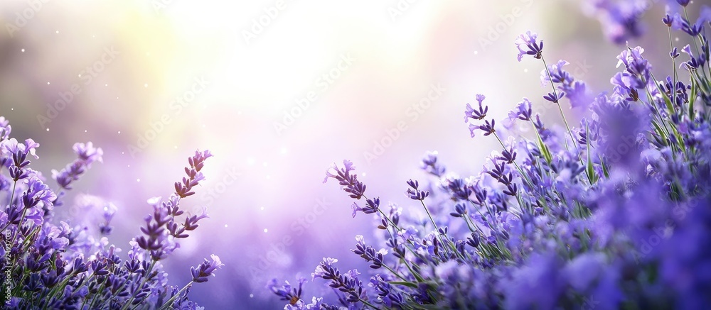 Aufkleber bunches of lavender flowers in a dense bouquet placed on green grass with selective focus space for 