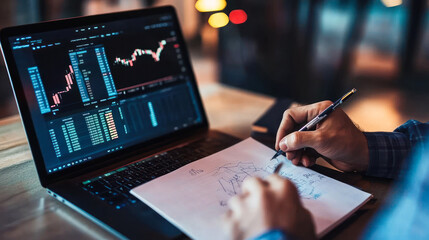 Analyzing stock market data on a laptop with notes