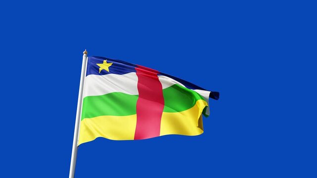 Flag of republic of central africa on a blue screen, no background, flag on a flag pole waving in the wind, african country, national symbol of central african republic, picture of a flag