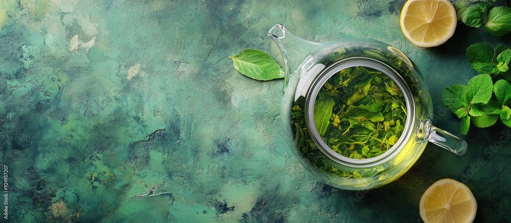 Aufkleber green tea in a clear teapot on the table herbal tea is steeping top view. with copy space image. Place for adding text or design
