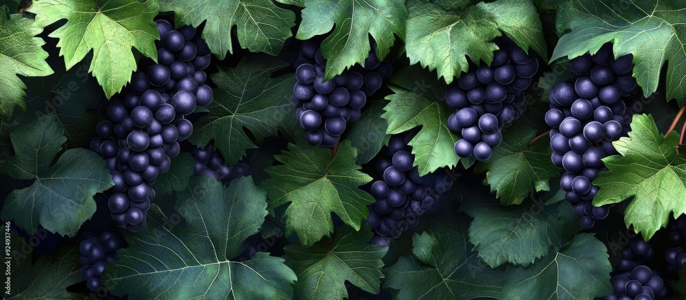 Fototapete bunch of grapes on the vine surrounded by green leaves. with copy space image. place for adding text