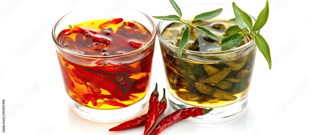 Aufkleber red and green fresh chili in fish sauce nam pla in a clear glass isolated on a white background with