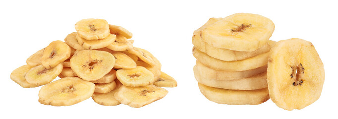 Dried banana chips isolated on white background with full depth of field