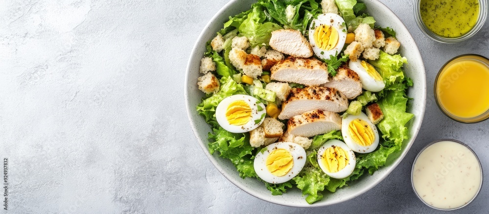 Poster fresh caesar salad featuring lettuce chicken breast boiled eggs and croutons in a ceramic bowl with 