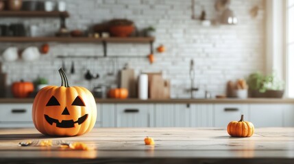 Home Kitchen with pumpkins on the table and decoration in Halloween wallpaper concept.