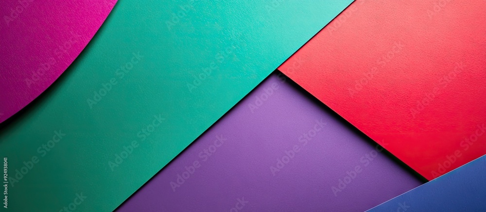 Poster Abstract geometric paper background in trendy violet green and red colors Suitable as a backdrop for an invitation card greeting card or web design Offers creative copy space in a flat lay format
