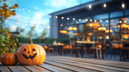 Fototapeta premium Outdoor restaurant wallpaper decorate shop by pumpkins in Halloween theme for all purpose.