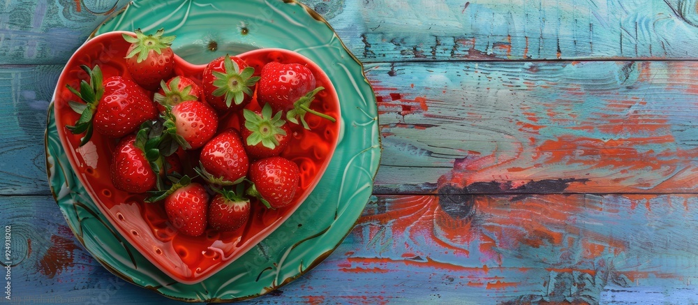 Aufkleber red ripe strawberries on a heart shaped plate set against a colorful wooden background. with copy sp