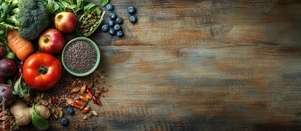 Poster various vegetables seeds and fruits on a wooden table with space for text healthy eating. with copy 