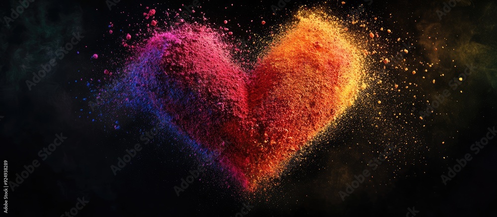 Poster Abstract color powder splattered on a black background capturing the motion of color powder exploding or being thrown creating a multicolored glitter texture that resembles a heart shape