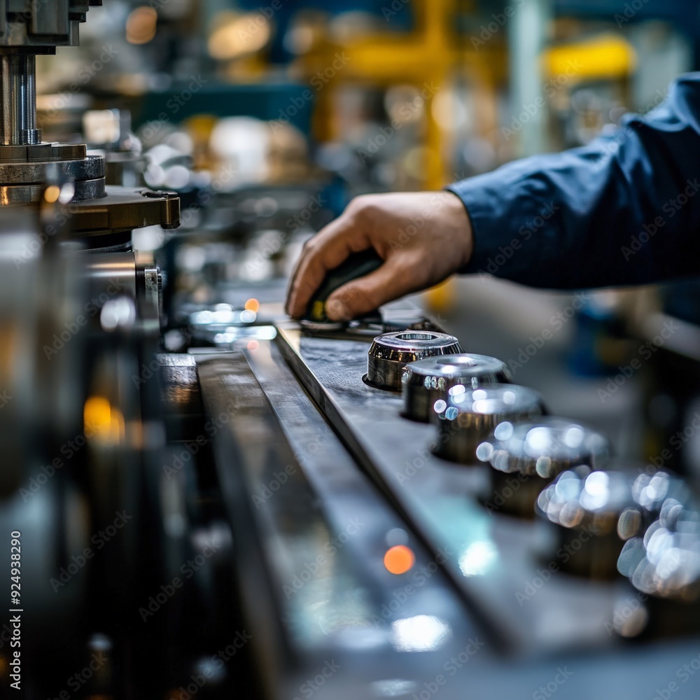 Poster close-up of a worker's hand operating machinery in a factory setting, showcasing industrial automati