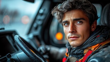 Serious man driving truck in rainy weather conditions.