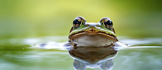 Close up portrait of a frog near a bog. with copy space image. Place for adding text or design