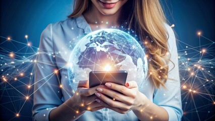 Glowing digital globes surround a young woman's hands as she scrolls through her smartphone, symbolizing modern communication, connection, and global networking in the digital age.