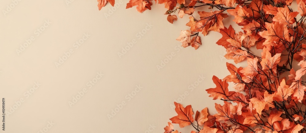 Aufkleber autumn arrangement orange leaves on a beige backdrop with copy space top view flat layout left side