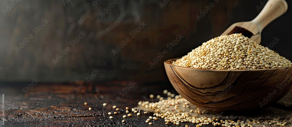 Leinwandbilder quinoa seed grain in a wooden bowl scoop. with copy space image. Place for adding text or design