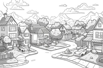 Fototapeta premium Black and white illustration of a charming neighborhood with houses, trees, and people walking on the street, featuring a whimsical and detailed style