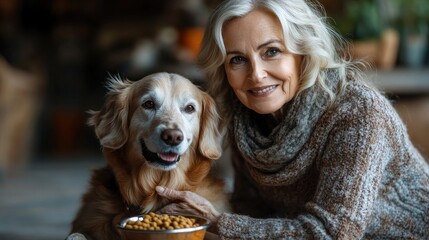 elderly woman putting bowl with dog food on floor feeding her dog as companion for senior people