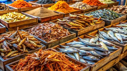 Fototapeta premium Vibrant colors of assorted dried fish on wooden crates at bustling marketplace, a staple traditional side dish in Indonesian cuisine, freshly caught and sun-dried to perfection.