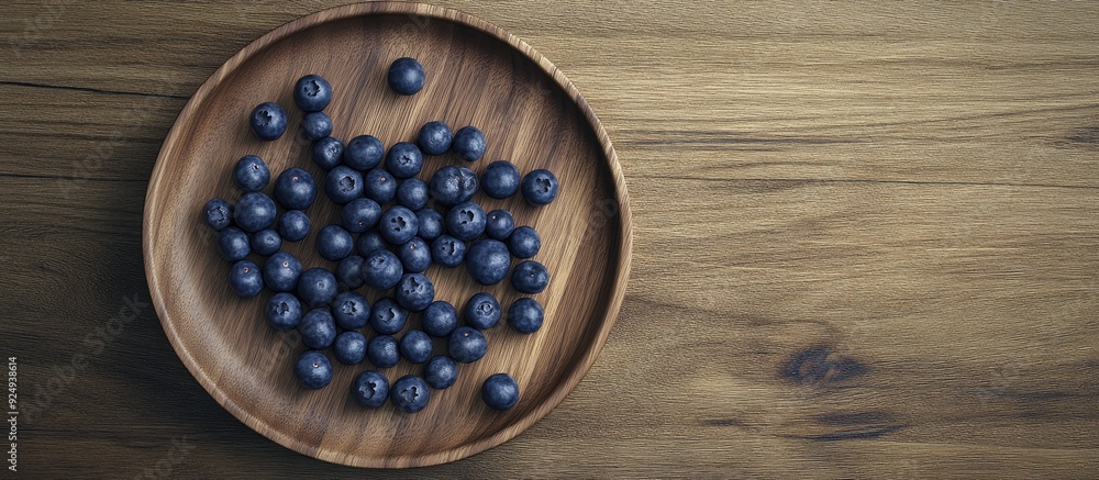 Fototapete blueberries on a wooden plate on a wooden table top view. with copy space image. place for adding te