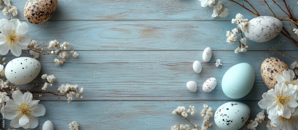 Poster Easter eggs and spring flowers on a wooden background. with copy space image. Place for adding text or design