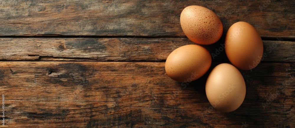 Poster Raw brown chicken eggs on a wooden table viewed from above Space for text. with copy space image. Place for adding text or design