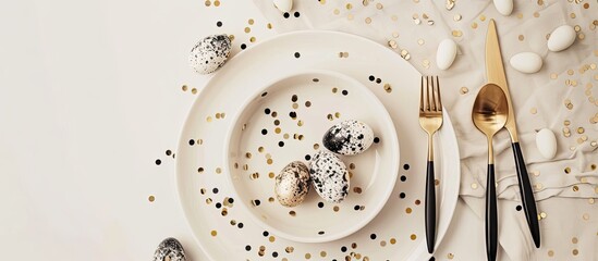 Easter dinner setup featuring a white plate with cutlery Decorated with gold black and white eggs alongside confetti on a beige background Top view Flat lay Copy space