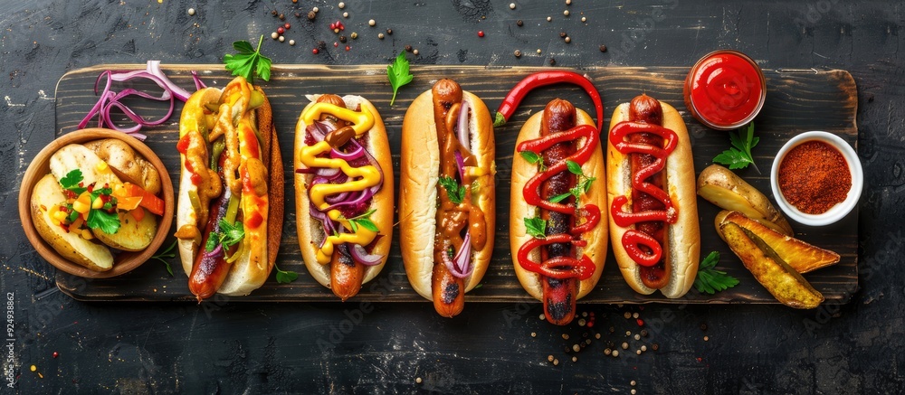 Aufkleber hot dogs topped with condiments and potato wedges corner border overhead view on a dark stone backgr